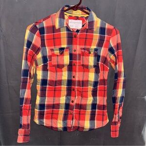 Aeropostale Womens XS Colorful Red Yellow Plaid Button Down Shirt W/Pockets